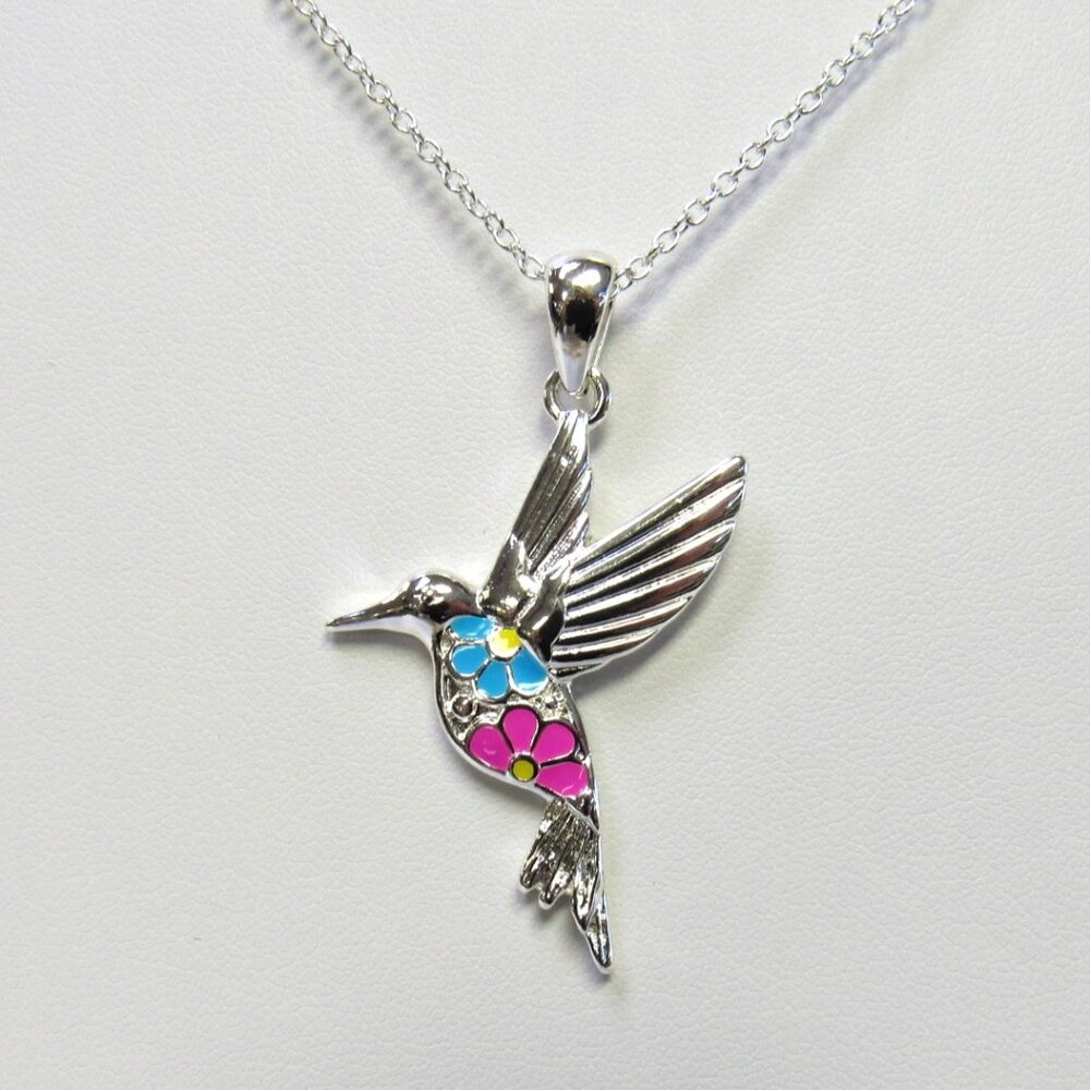 Silver Plated Floral Multicolor Hummingbird Charm Necklace
